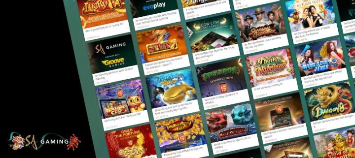 Colorful array of SA Gaming slot machines featuring progressive jackpots and Asian-themed games