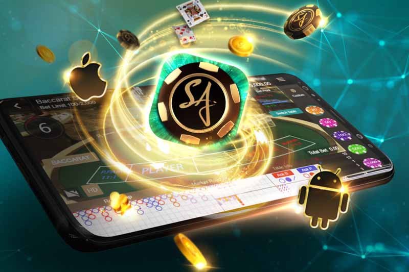 SA Gaming mobile casino app showing baccarat and slots gameplay on smartphone and tablet devices