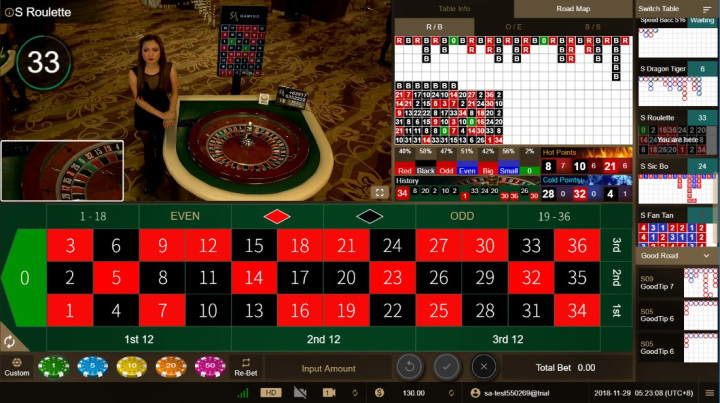 Professional dealer at SA Gaming live baccarat table with high-definition streaming and betting interface